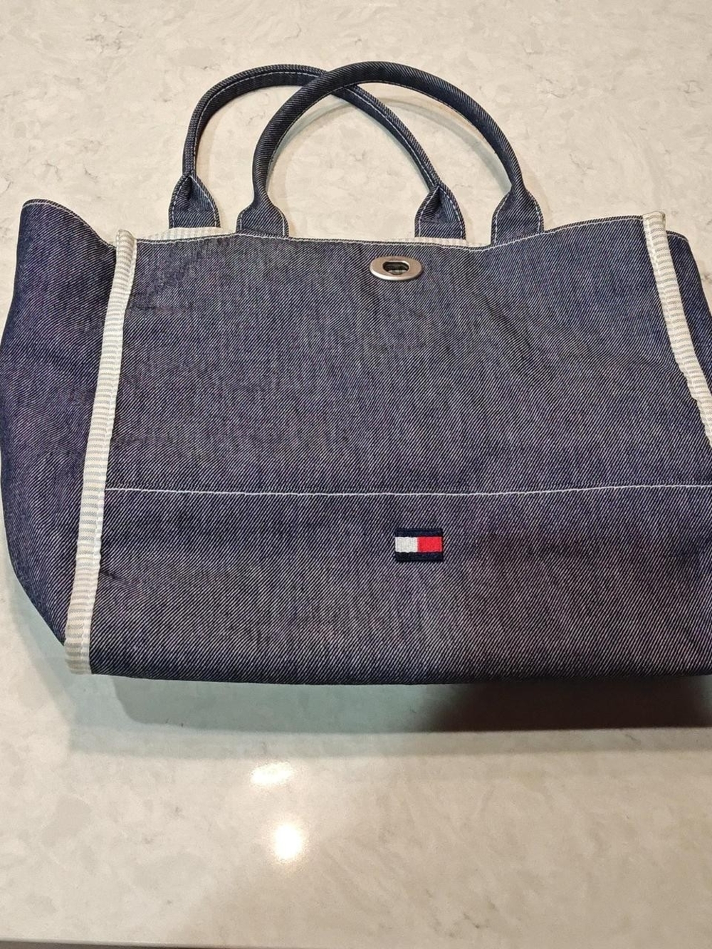 Y2k Tommy Hilfiger Denim Tote with White Trim and Flag Patch